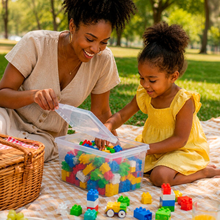 Mãe e filha guardando peças de montar numa caixa organizadora transparente