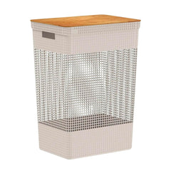 Cesto De Roupas Grid Com Tampa De Bambu 49 Litros Bege