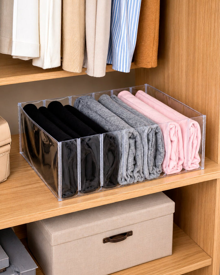 Gaveta com roupas dobradas em organizadores